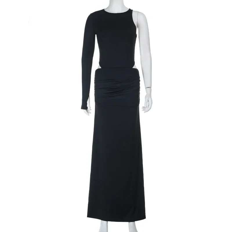 Women Sexy Club Party 2 Piece Set 2025 Autumn Lace Patchwork One Shoulder Long Sleeve Bodysuits Tops + Ruched Bodycon Maxi Skirt