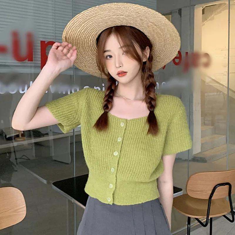 Summer Women Knitted Short Sleeve Solid Color Sweet Square Neck Casual Fashion Versatile Knitted Short Sleeved Cardigan Top