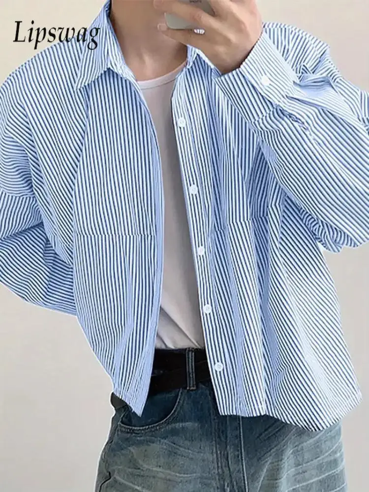 

Стильные мужские рубашки в полоску с принтом, повседневная рубашка с длинным рукавом и отложным воротником на пуговицах, весна-осень 2021, винтажные мужские рубашки