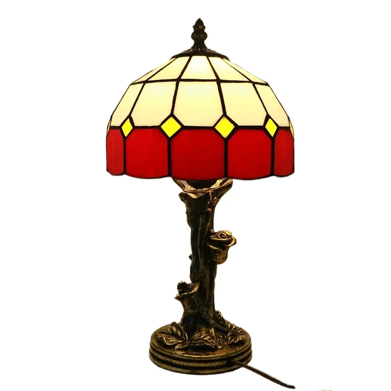 Lâmpada de mesa vintage Tiffany com sombra de vidro manchado de 8 polegadas e 20 cm