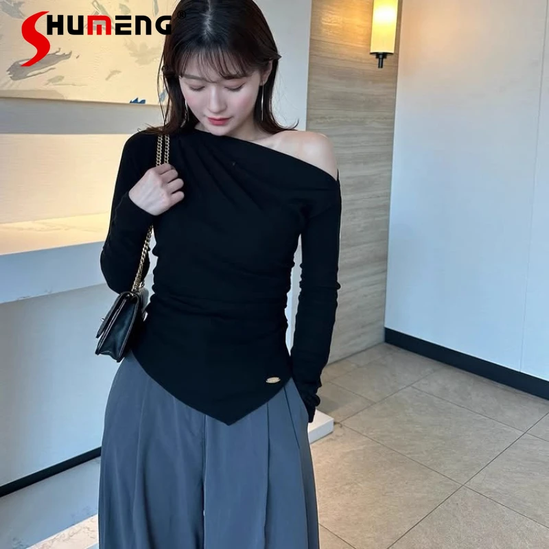

Japanese Sweet Off-Shoulder Long Sleeve T-Shirt Spring Autumn New Women's Slim Fit Elegant Pullover Ladies' Daily Bottoming Tops