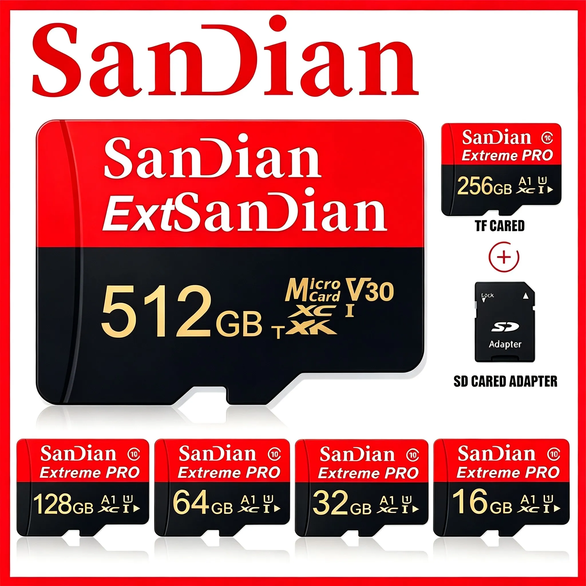 Rugged SD Cards 32GB 64GB 256GB Memory Card Micro TF SD Card TF Cards U1 V30 for GoPro/GPS/MP4 Player/Dashcam/Baby Monitor