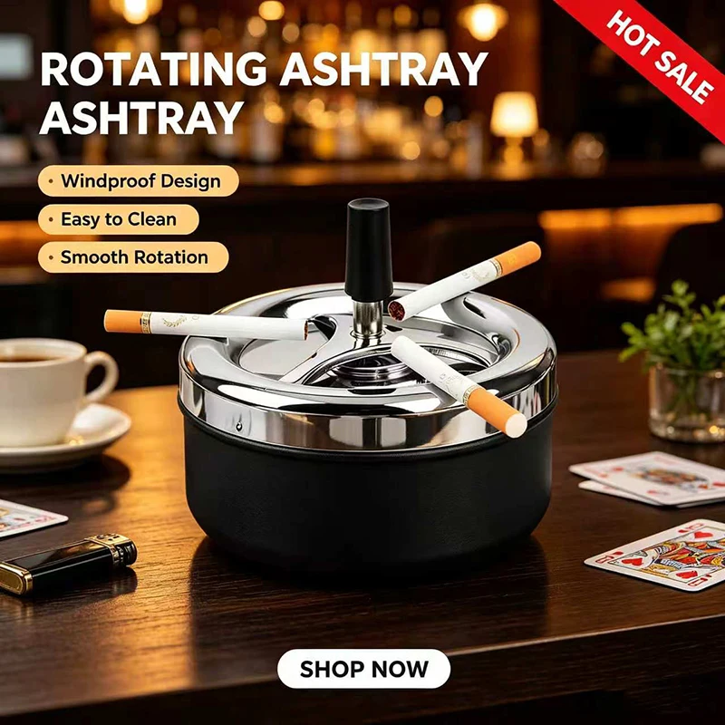 Cool Ashtray Stainless Steel Push Down Spinning Ashtray Self-Cleaning Ashtray With Lid Cover Ash Tray for Cigarette Smoking