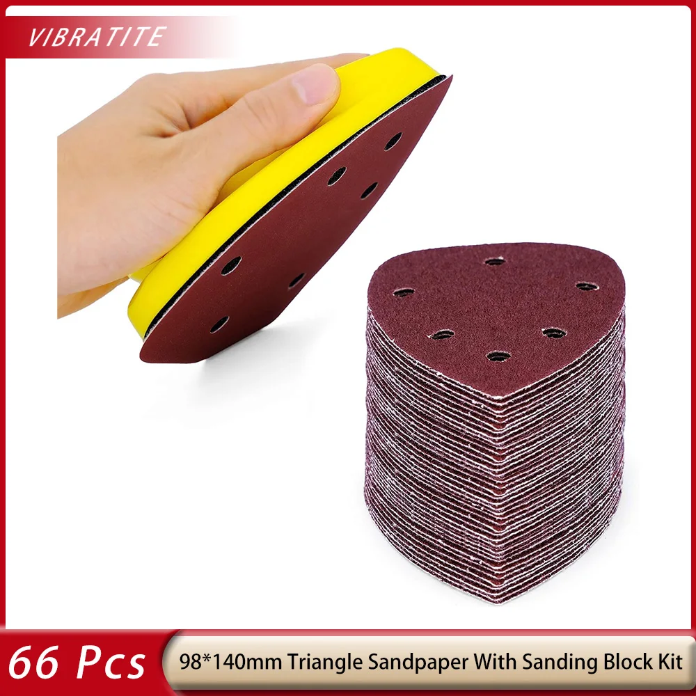 98*140 MM Hand Detail Sander Hook and Loop Sanding Block with 65 PCS 6 Hole Triangle Mouse Sandpaper for Wood Metal DIY Working