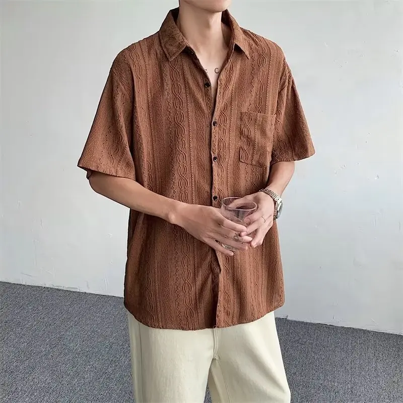 Summer Shirts For Men Solid Lapel Hollow Out Personality Stylish Retro Short Sleeve All-match Shirt Vintage Daily Clothes