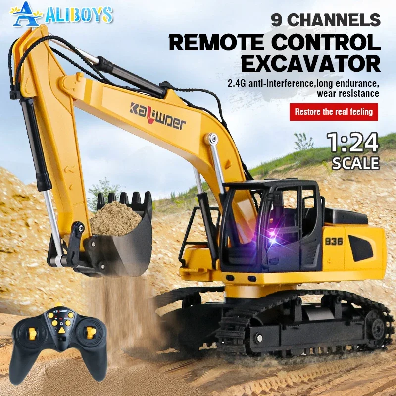 Caminhão de escavação com controle remoto, escavadeira, simulação, veículo de engenharia, som, luz, carro, brinquedos, modelo, presente de natal para crianças