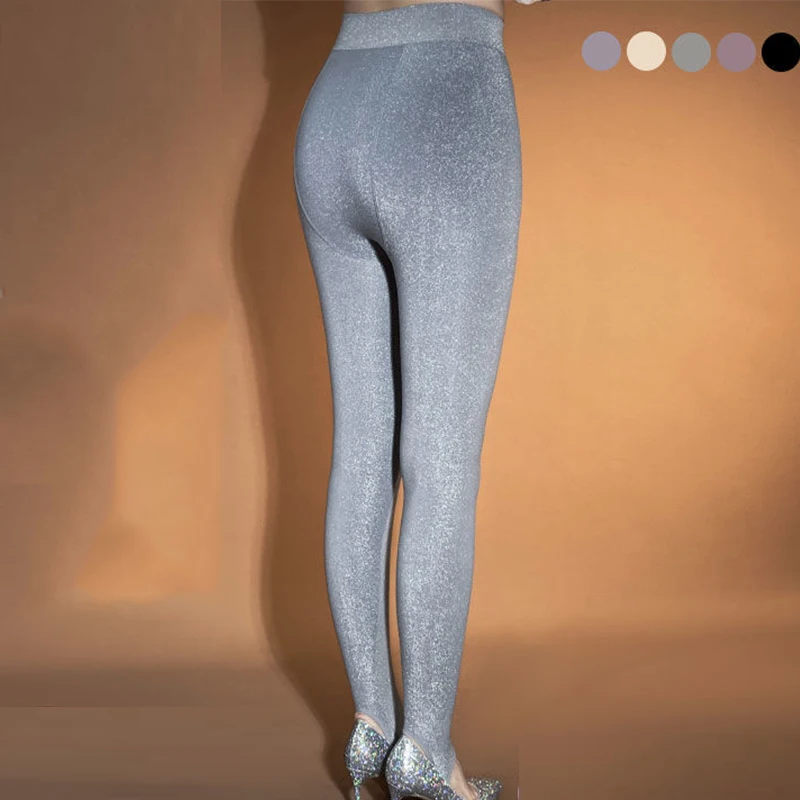 Lurex-leggings brilhantes de cintura alta sem costura para mulheres, calças justas justas, esportes de ginástica, fitness e ioga, calças compridas pretas, outono e inverno