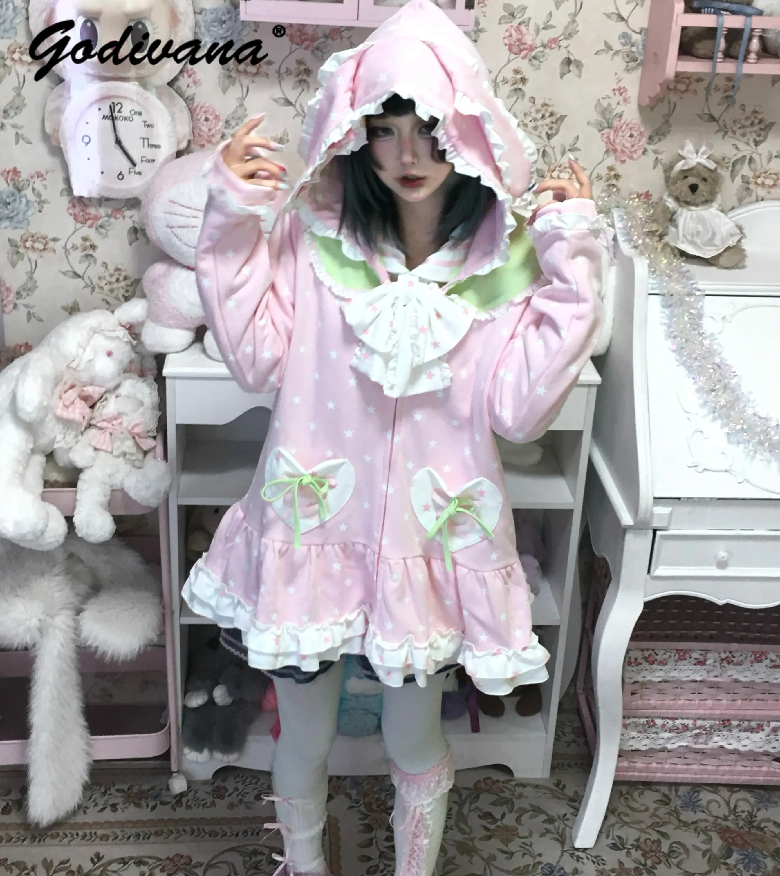Women Japanese Sweet Hooded Zip Up Jacket Autumn Kawaii Star Print Pink Bunny Ear Loose Cardigan Sweatshirt Harajuku Casual Top