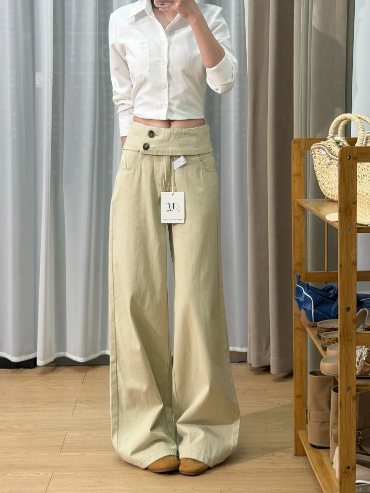 Khaki Double Button Wide Leg Women Jeans 2026 Autumn Winter Loose Figure Flattering Casual Straight Floor-length Denim Pants