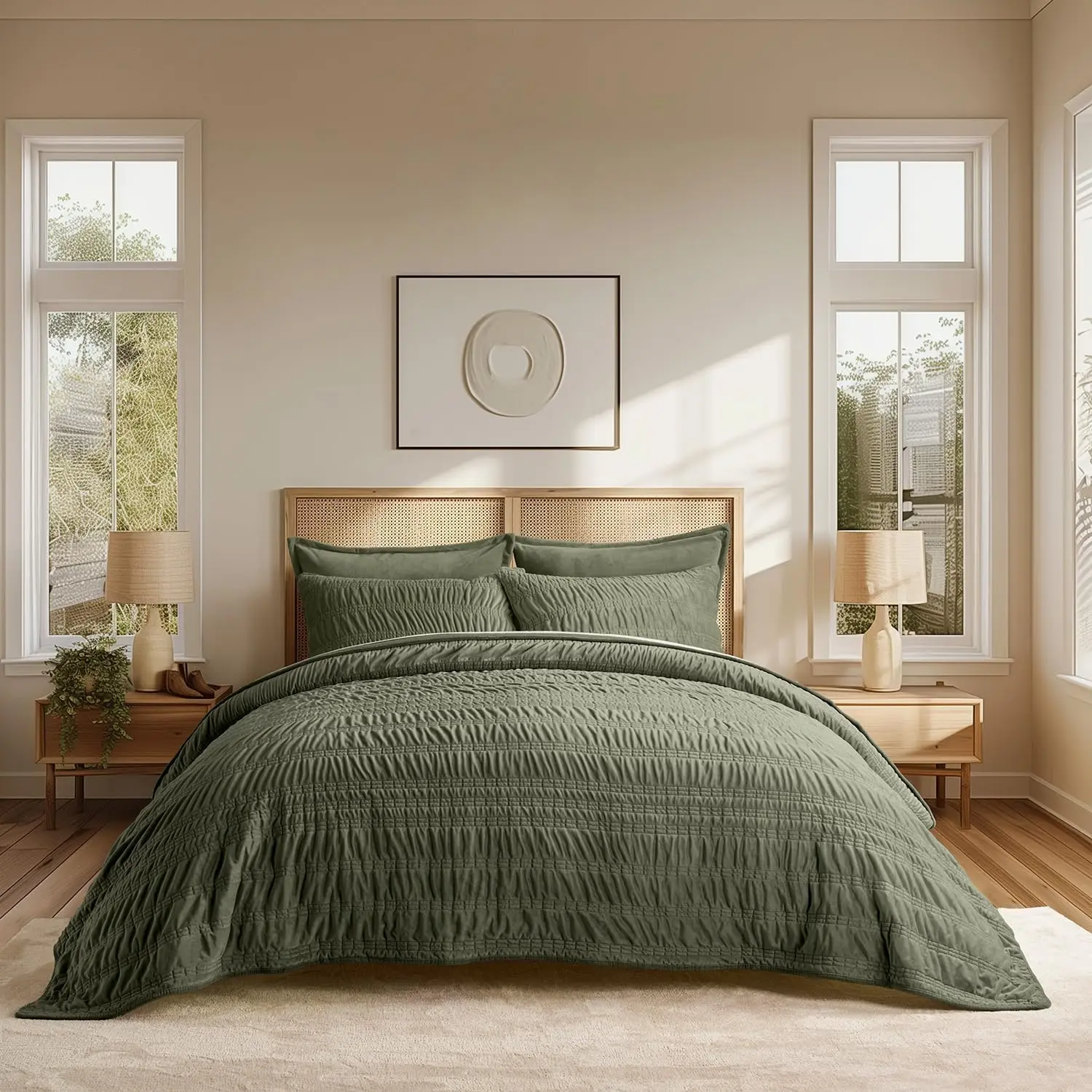 

Luxury Velvet King Size Quilt Set, Ultra Soft Ruched Bedding with 2 Shams, Lightweight Comforter for All Seasons in Olive Green