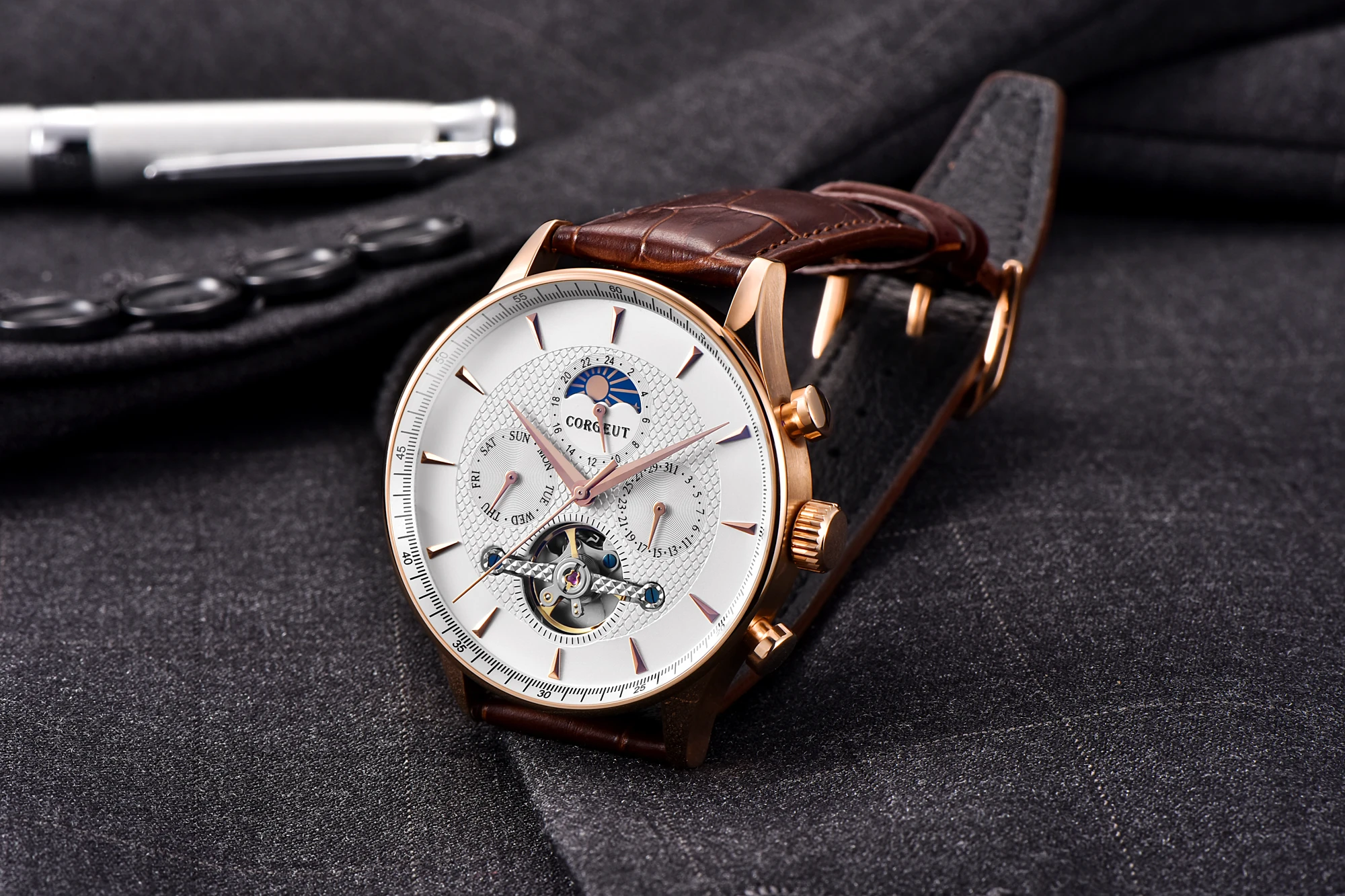 CORGEUT 44 мм Деловые модные роскошные часы для мужчин 50 м Водонепроницаемые минеральные стеклянные автоматические механические часы с датой недели и фазой луны