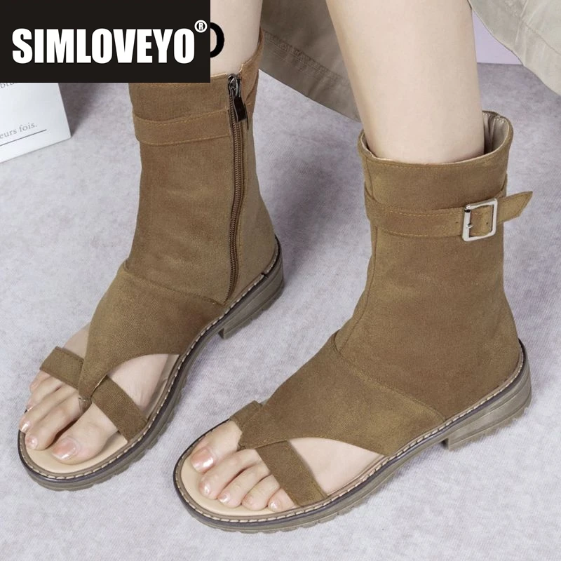 

SIMLOVEYO Модные женские сандалии с застежкой на носок из флока, замшевые туфли на плоской подошве с застежкой-молнией и пряжкой до середины икры, повседневная обувь, большой размер 46 47 48 Roman Styes