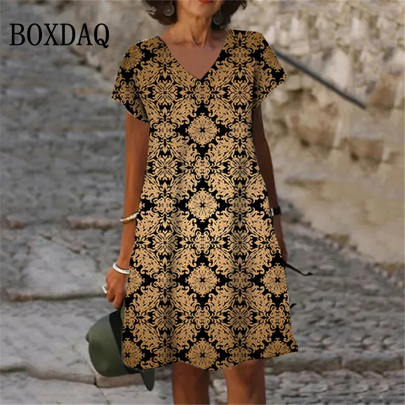 

2023 Vintage Women Bohemian Dress Floral Print Short Sleeve Loose Clothing Casual V-Neck Ladies Mini Oversized Dress Vestidos