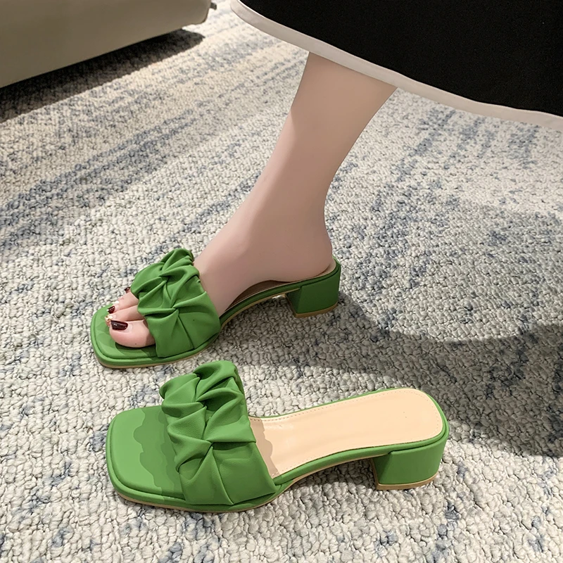 Square Head Sandals for Women's Summer New Thick Heel Pleated External Wearing Slippers Women Zapatillas De Mujer Ladies Shoes