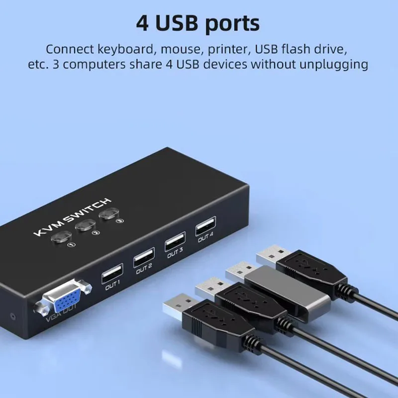 KVM-schakelaar 3-in-1-uit VGA-computerschakelaar Deel toetsenbordmuis en weergave tussen 3 pc's of bewakingsapparaten