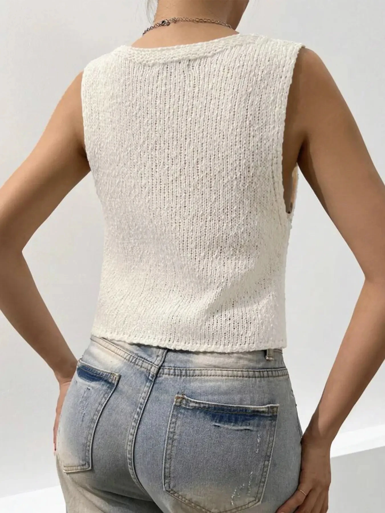 Solid Hook & Eye Knit Top,Women\'s knitted vest