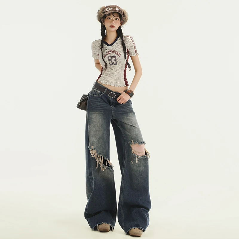 

Spring and Summer Loose Folded Cat Whisker Ripped Jeans Floor Trousers Korean Reviews Many Skirt Pants Woman Long Skirts Jean