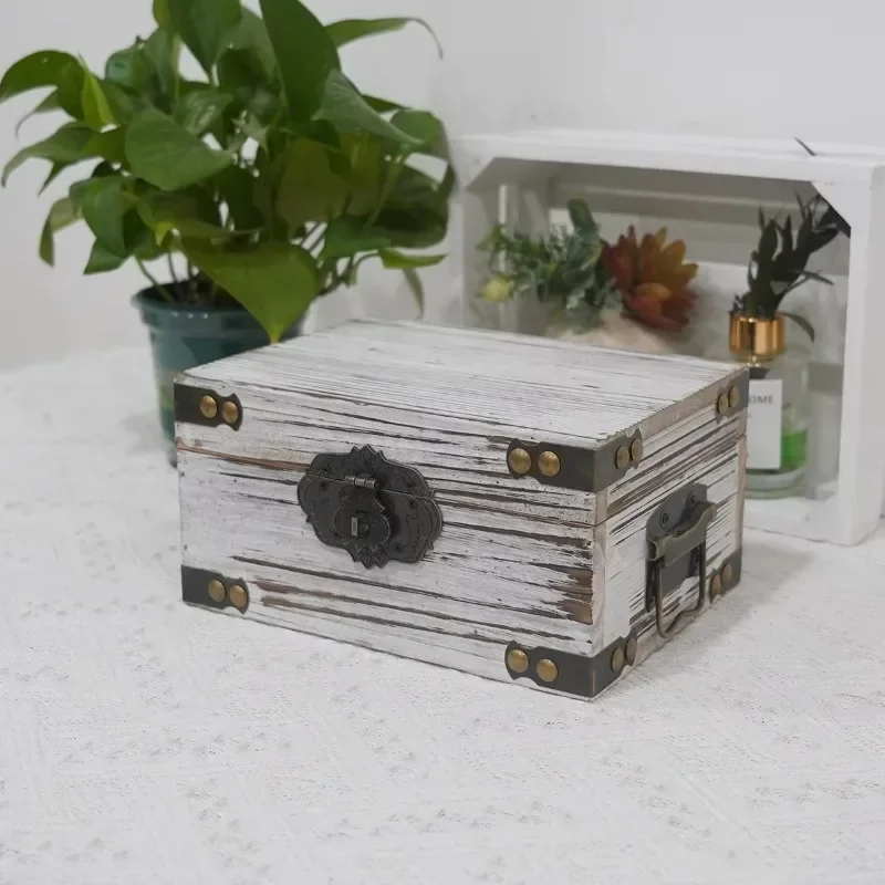 Retro rectangular flip storage box, lock multi-functional small storage device, home office storage box wooden accessories