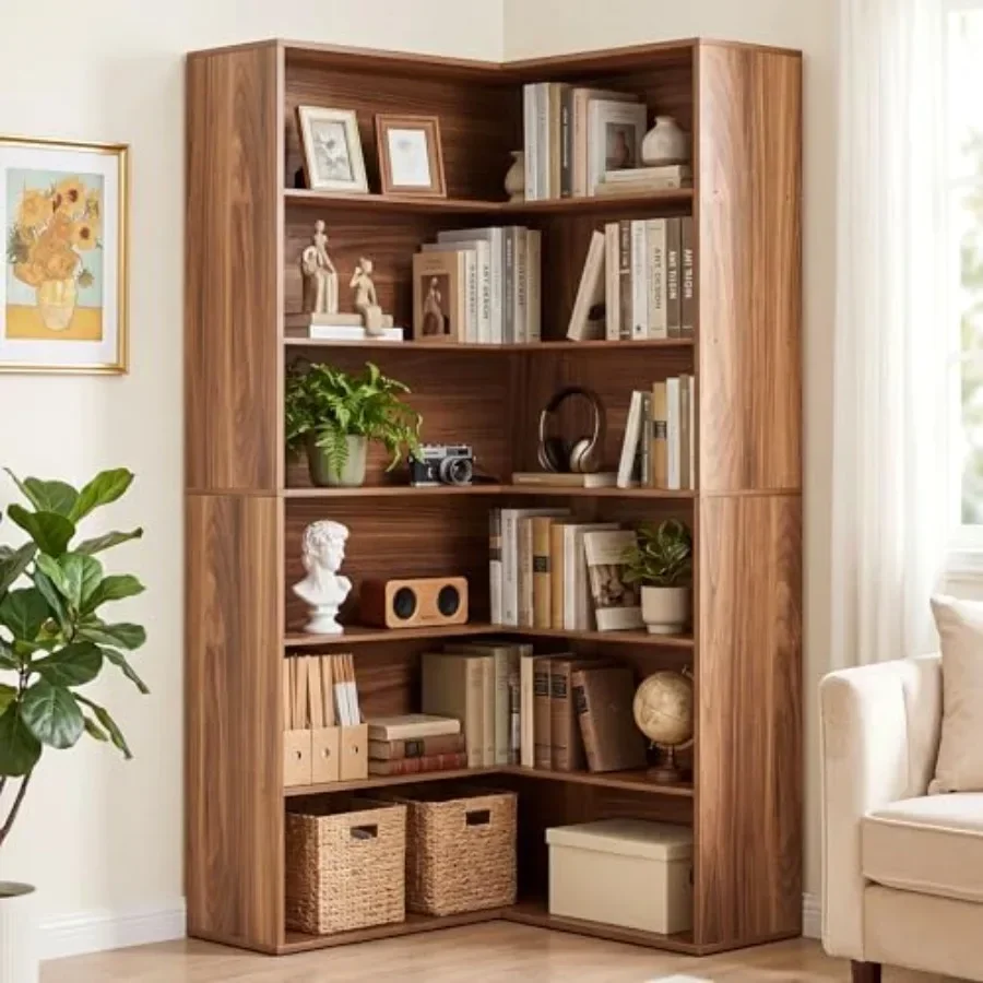 Corner bookshelf for living room, engineered wood in walnut brown, 6-tier baffled etagere rack with space-saving angled design