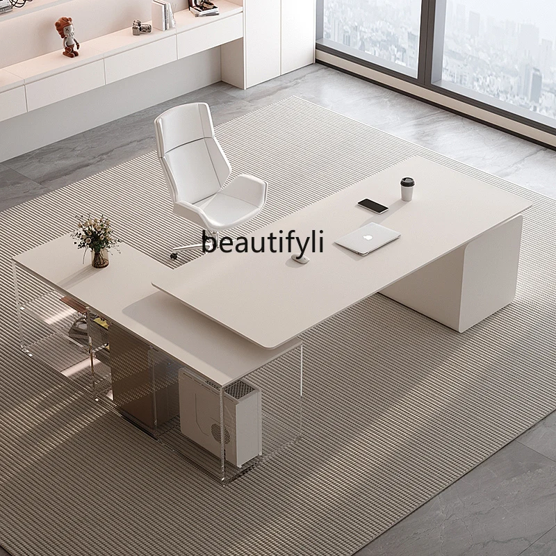 

Light luxury rock slab desk Modern high-end acrylic large class desk Cream wind white desk Beauty salon boss table
