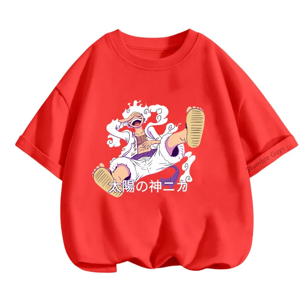 2024 New Anime One Pieces Tshirt Kids Luffy Gear 5 Cosplay Tshirt Boys Luffy Boy Cartoon Tees Children Summer Short Sleeve Tops