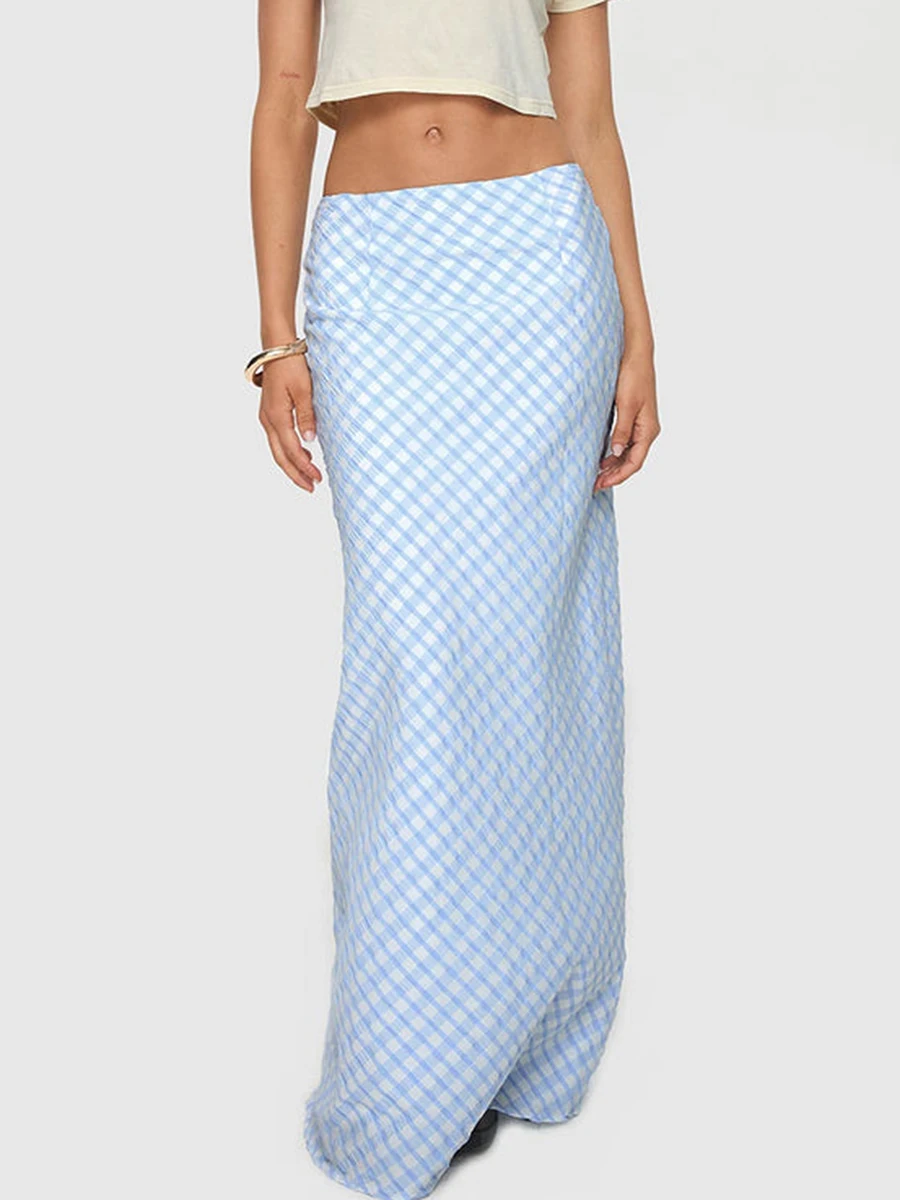 Women s Spring Summer Long Skirt Sky Blue Slim Plaid Skirt for Travel Beach Shopping