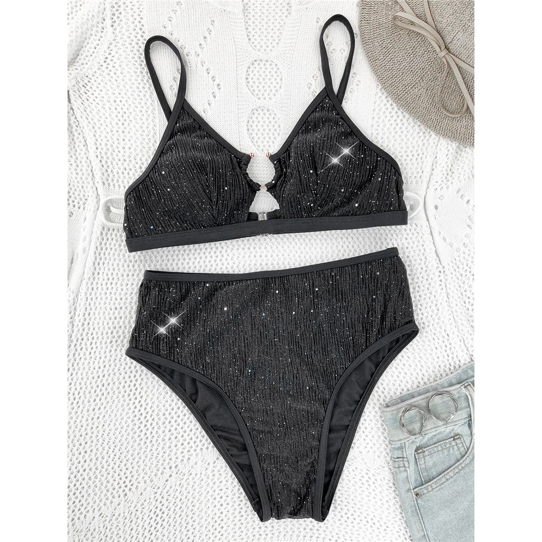 Glitzernder, funkelnder, ausgeschnittener Damen-Badeanzug, Bikini mit hoher Taille, zweiteiliger Bikini-Set, Badebekleidung, Badeanzug, Schwimmanzug V5389 – Detail 9