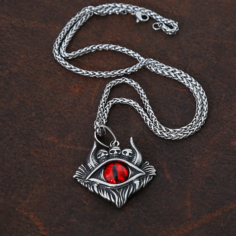 Vintage Skull Demon Eye Necklace Pendant Men Punk Street Biker Stainless Steel Eye of Hell Pendant Mens Jewelry Necklace