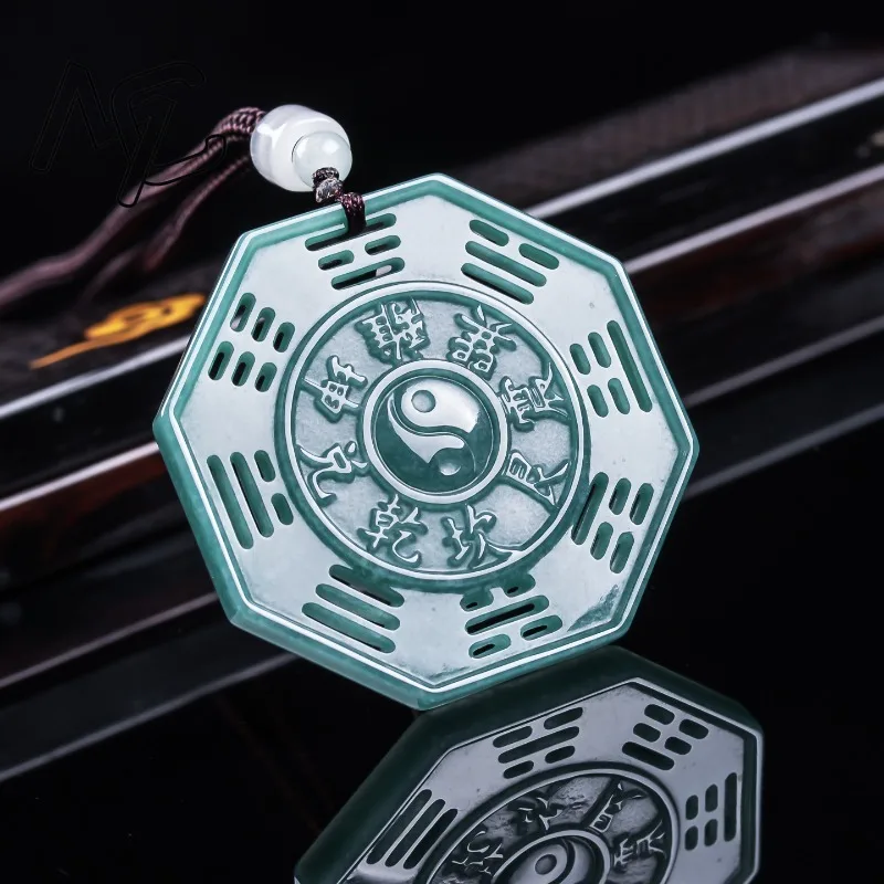 Real New Natural Emerald Jade Blue Hollowed-out Eight Diagrams Pendant Necklace Jadeite Jewelry Fashion Amulet Gifts Certificate