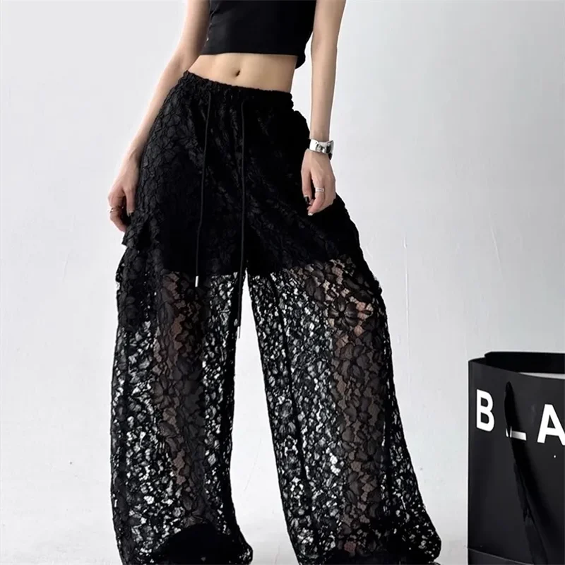 Spring Summer Wide-Leg Pants Women 2026 New Fashion Loose Casual Large Size Hollow Out Pure Colour Pant Female