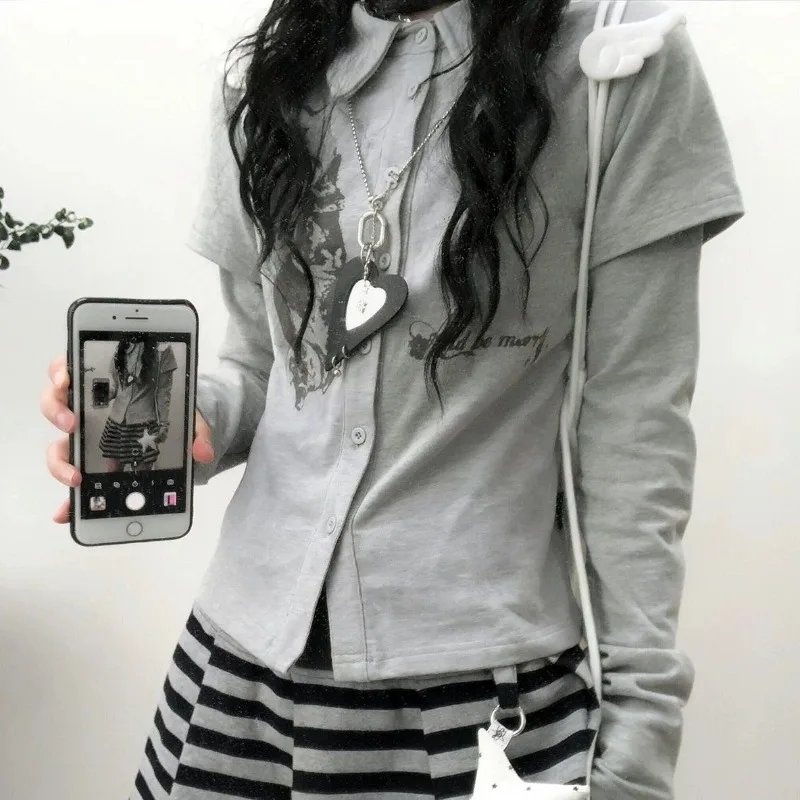 Kimotimo Y2k Vintage Rabbit Print Long Sleeve Tops Women Autumn Patchwork Slim Single Breasted T-shirt Harajuku Casual Tees Ins - view 3