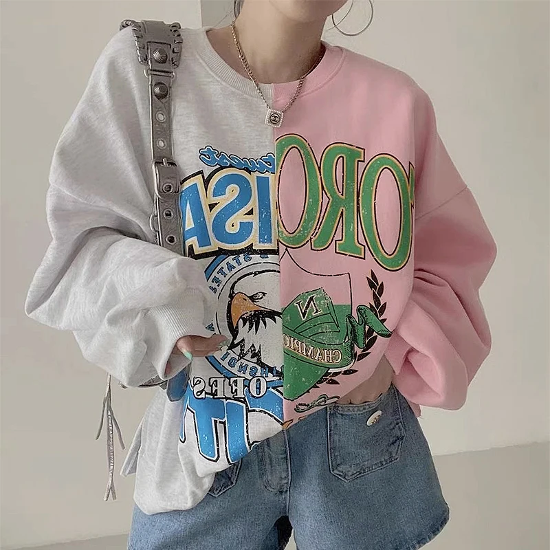 South korea Chic Autumn Retro Western Sle round Neck Contrast Color Patchwork Loose All-Match Long sleeve Letter Cartoon Pr...