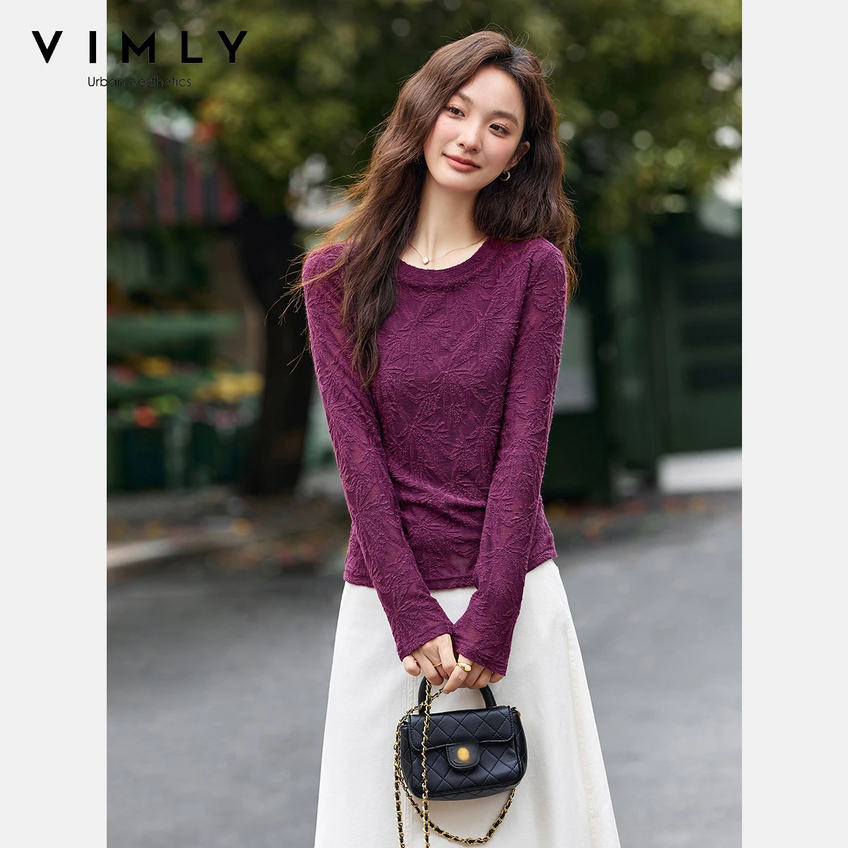 

VIMLY Tops Woman 2025 Lace French Autumn Floral Embroider Slim Fit Lady T-shirts Casual Round Neck Long Sleeve Female Tees A2881