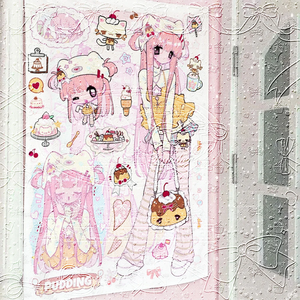 Cute Pudding Girl Tapestry, Pastel Pink Long Hair Anime Character, Sweet Kawaii プリン Cat Hat Wall Hanging, Vintage Y2K Lolita Des