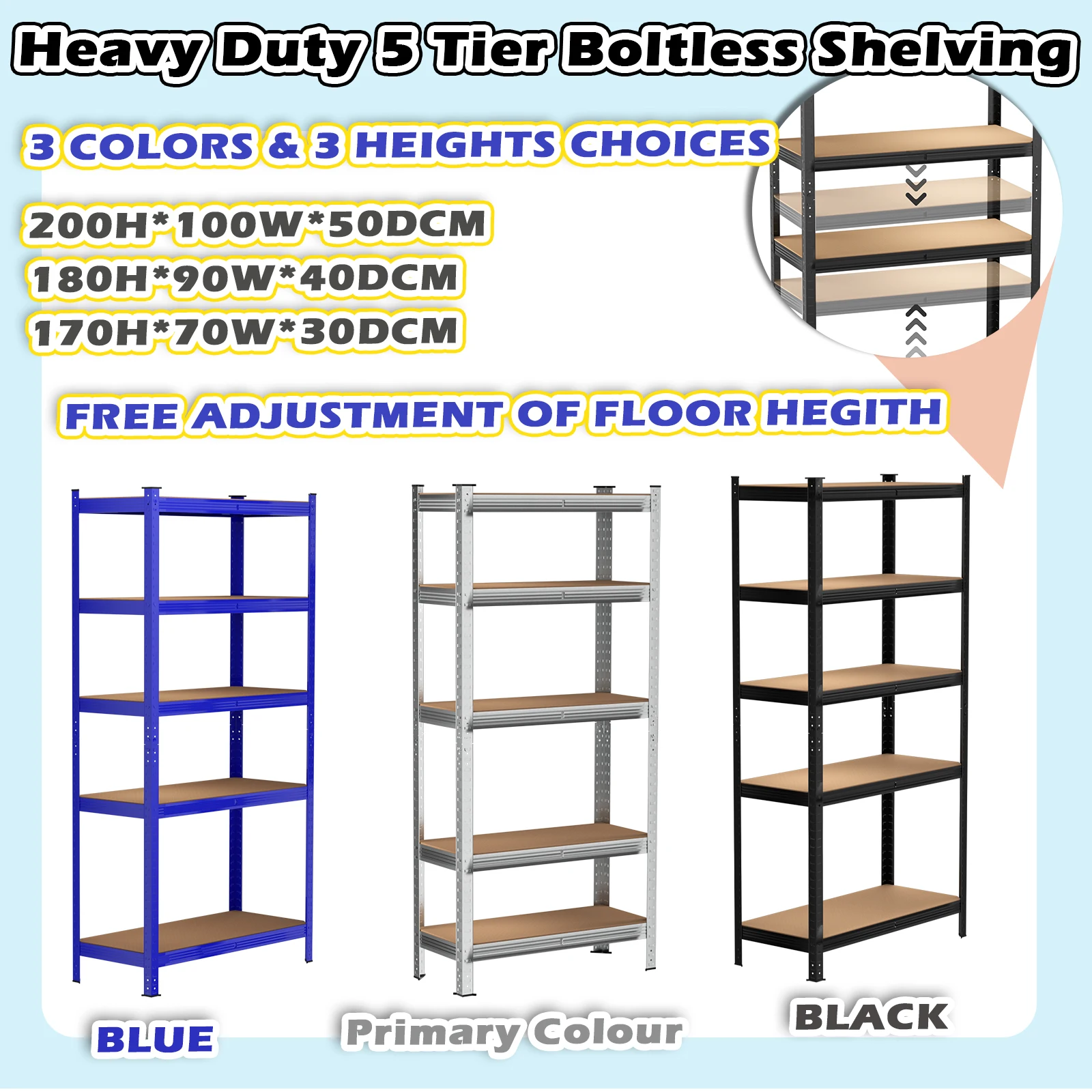 170/180/200CM ALTO 3 COLORI Scaffale a 5 livelli Scaffale per carichi pesanti per riporre l'assemblaggio senza attrezzi Capacità 875 kg