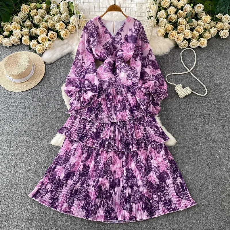 2026 French Summer Pleated Dress Women's Print Chiffon Maxi Dresses V-neck Long-sleeve Ruffled Elegant Slim Cake A-line Dresses