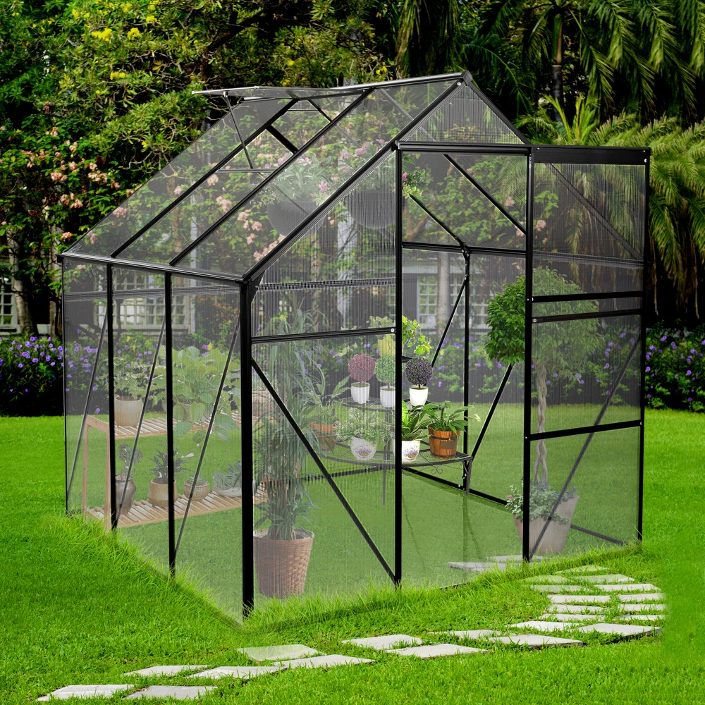 6X6FT-BLACK Polycarbonate Greenhouse Raised Base and Anchor Aluminum Heavy Duty Walk-in Greenhouses for Outdoor Backyard in All