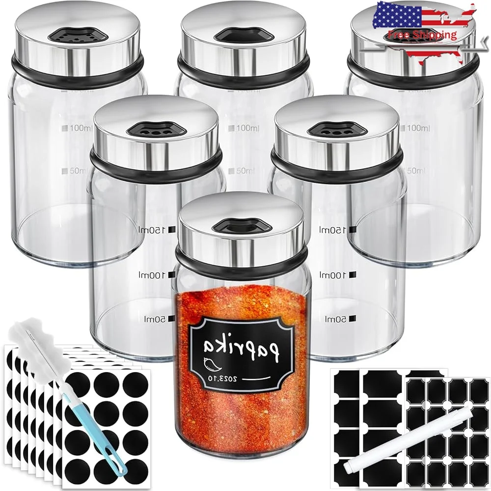 

6 Pack 5oz Glass Spice Jars with Lids and Labels Empty Storage Containers Kitchen Condiment Shakers Durable Seasoning Holders