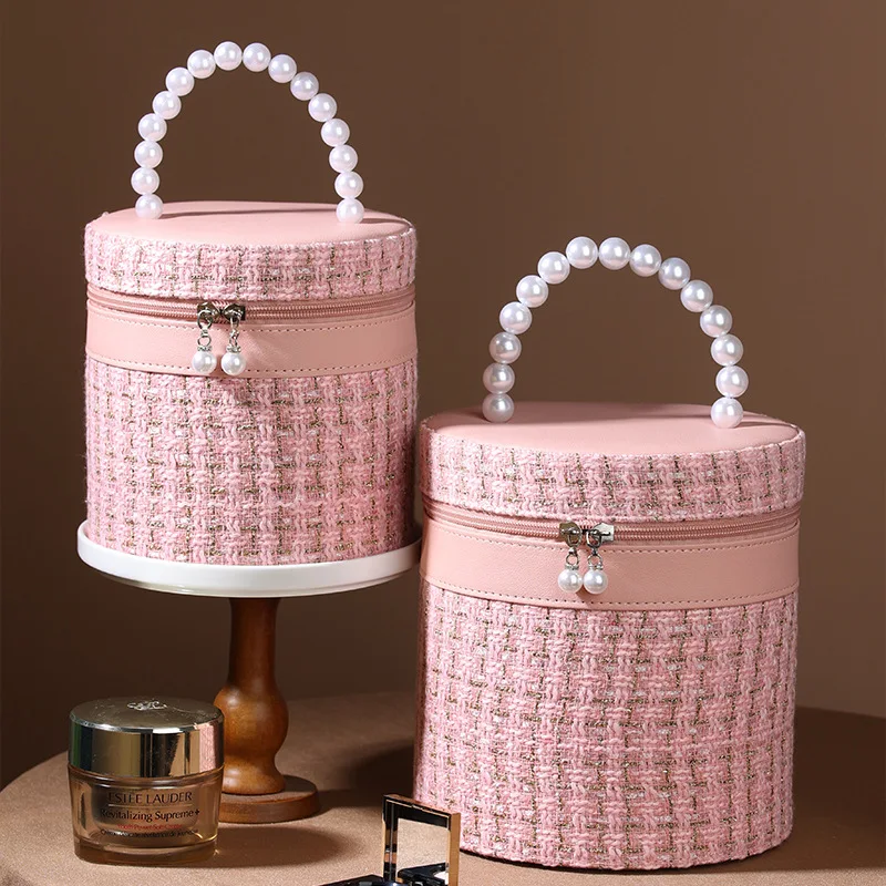 New Round Bucket Makeup Bag Women Polyester Liner High-capacity Cosmetic Bags For Women Leisure Portable Storage Makeup Handbag