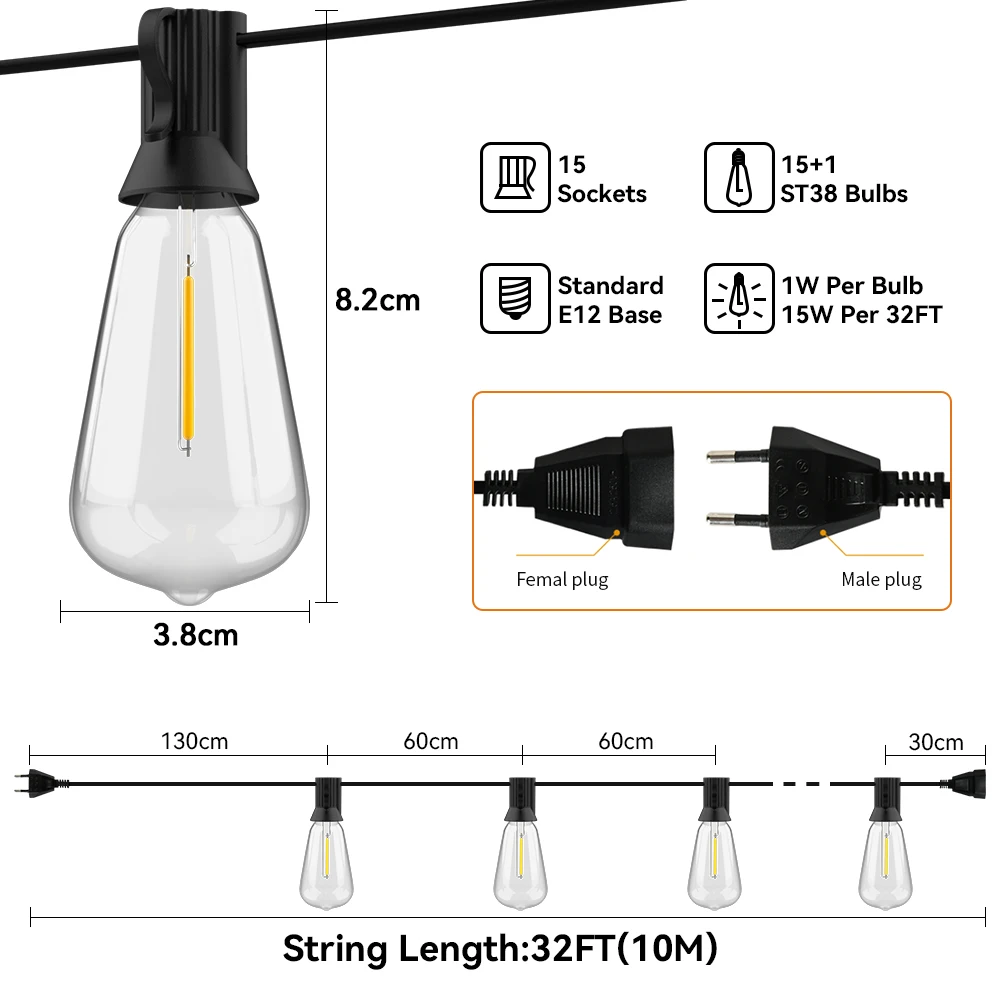 ST38 جارلاند ضوء سلسلة في الهواء الطلق مقاوم للماء شاتيربروف LED لمبات 2200k أضواء ديكور الجنية لحديقة مهرجان الربيع الزفاف