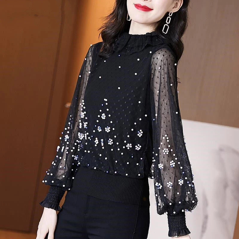 Spring Fall Women Casual Mesh Patchwork Beaded Chic Lantern Long Sleeve Loose T-shirt Elegant Fashion Black Pullover Ladies Tops