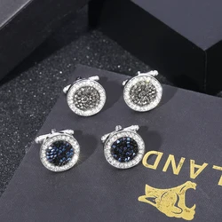 2 Pcs /Set New High-end Fashion Mens Shirts Crystal Cufflinks Luxury Design Silvery Round Blue Rhinestone Cuff Links