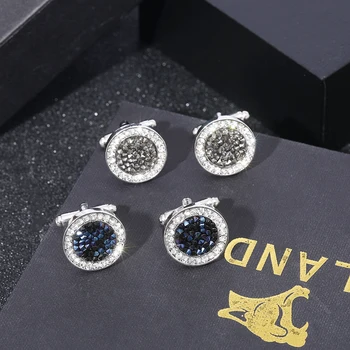 2 adet/takım yeni High-end moda erkek gömlek kristal kol düğmeleri lüks tasarım simli yuvarlak mavi Rhinestone manşet linkler