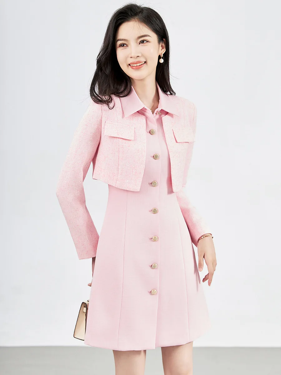 ZJYT Autumn New 2024 Elegant Dresses for Women Designer Full Sleeve Short Jacket Top+Sleeveless Dress 2 Piece Suit Pink Vestidos