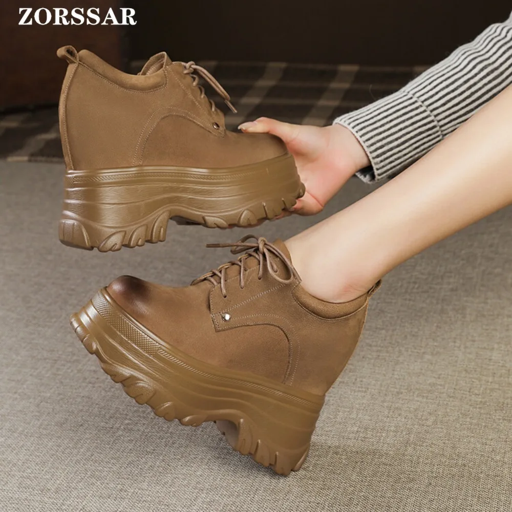 12cm Genuine Leather Women Casual Shoes Chunky Sneakers Platform Wedge Hidden Heel Women Leisure Shoes Summer Sneaker Women