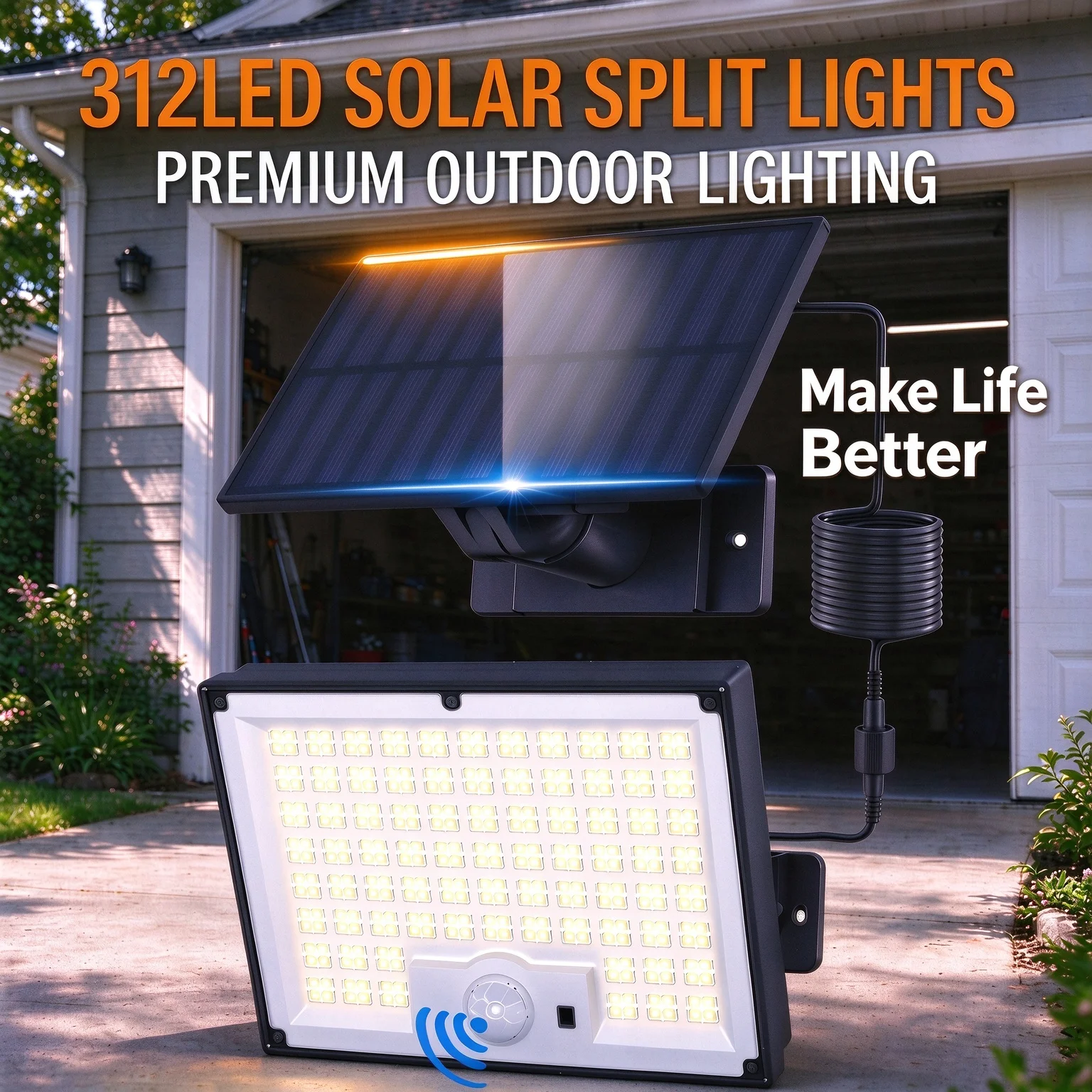 Outdoor Split Solar Flood Light 312LED Motion Sensor 4 Modes IP65 Waterproof Garage Wall Light