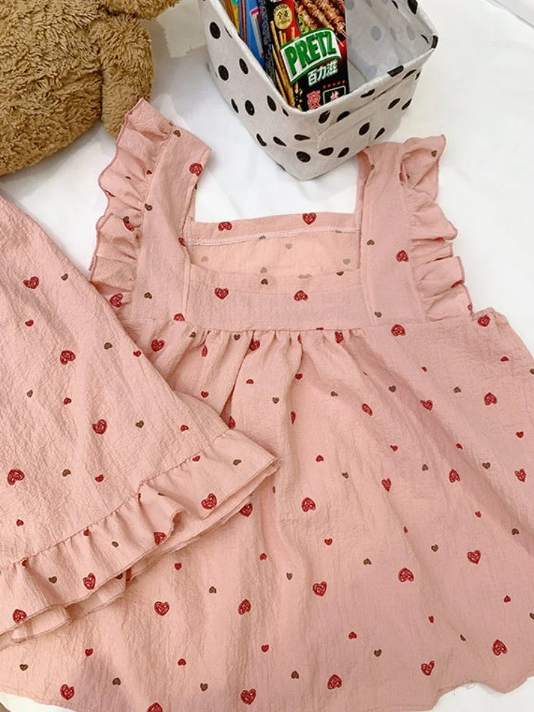 ชุดนอนชุดนักเรียนหญิง Kawaii ใหม่ INS ชุดนอนฤดูร้อนสไตล์เกาหลี Ruffles ออกแบบสบายๆบ้านที่แพร่หลายทุกวันหลวมสบาย