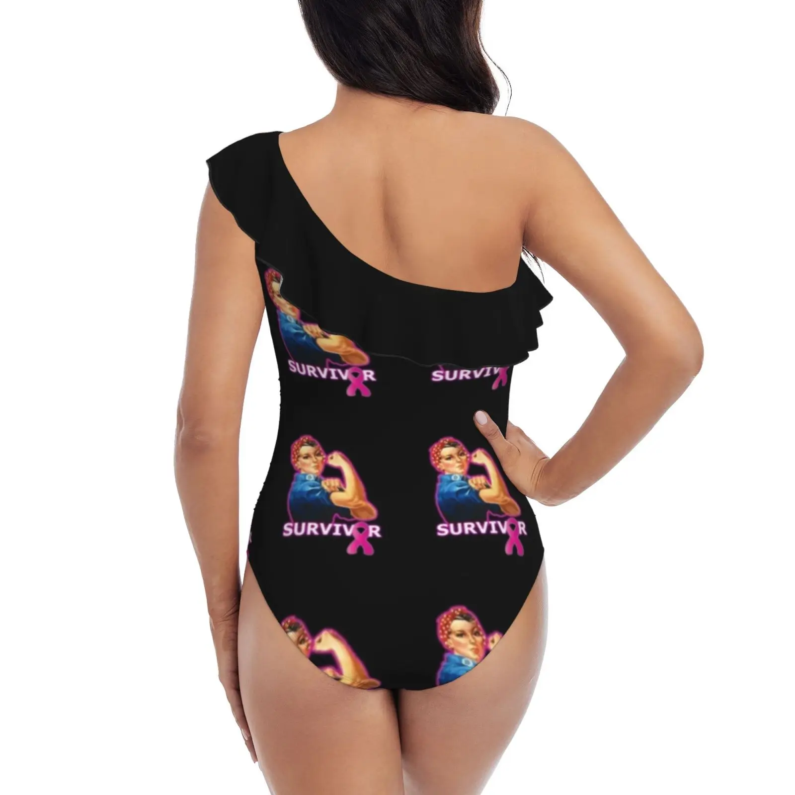 Breast Cancer Survivor One-Piece Swimsuit One Shoulder Ruffle Swimsuit Sexy Monokini New Girl Beach Swimwear Breast Cancer