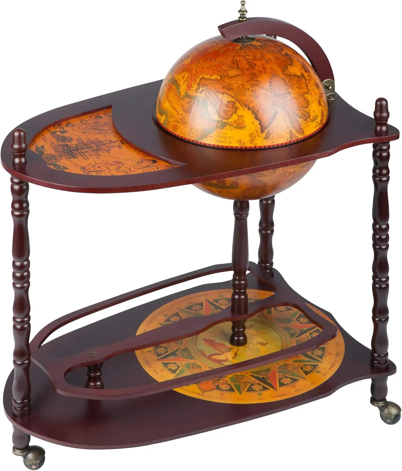 Charnière design cano globe bar français ou armoire sur roues, 27 amaran de large, 18 amaran de profondeur, 34 amaran de haut, ton sépia