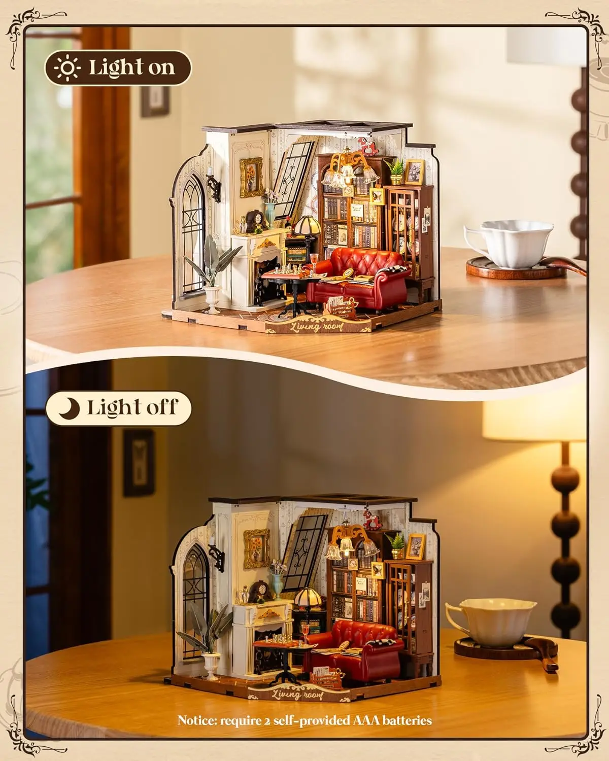 Robotime DIY Miniatur-Puppenhaus-Set, Catherine's Wohnzimmer, Holzbausätze mit LED-Leuchten, Modellbausätze für Erwachsene, Geschenk